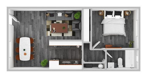 the suite floor plan of 1 bedroom with bathroom and living room
